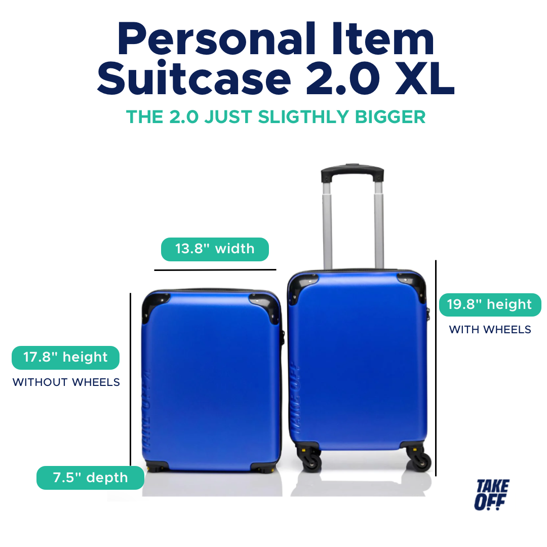 The personal item 2.0XL is 17.8 inches high without wheels, 19.8 inches high with wheels. It is 13.8 inches wide and 7.5 inches deep. The Personal Item Suitcase 2.0XL is the Take OFF Personal Item 2.0, just slightly bigger