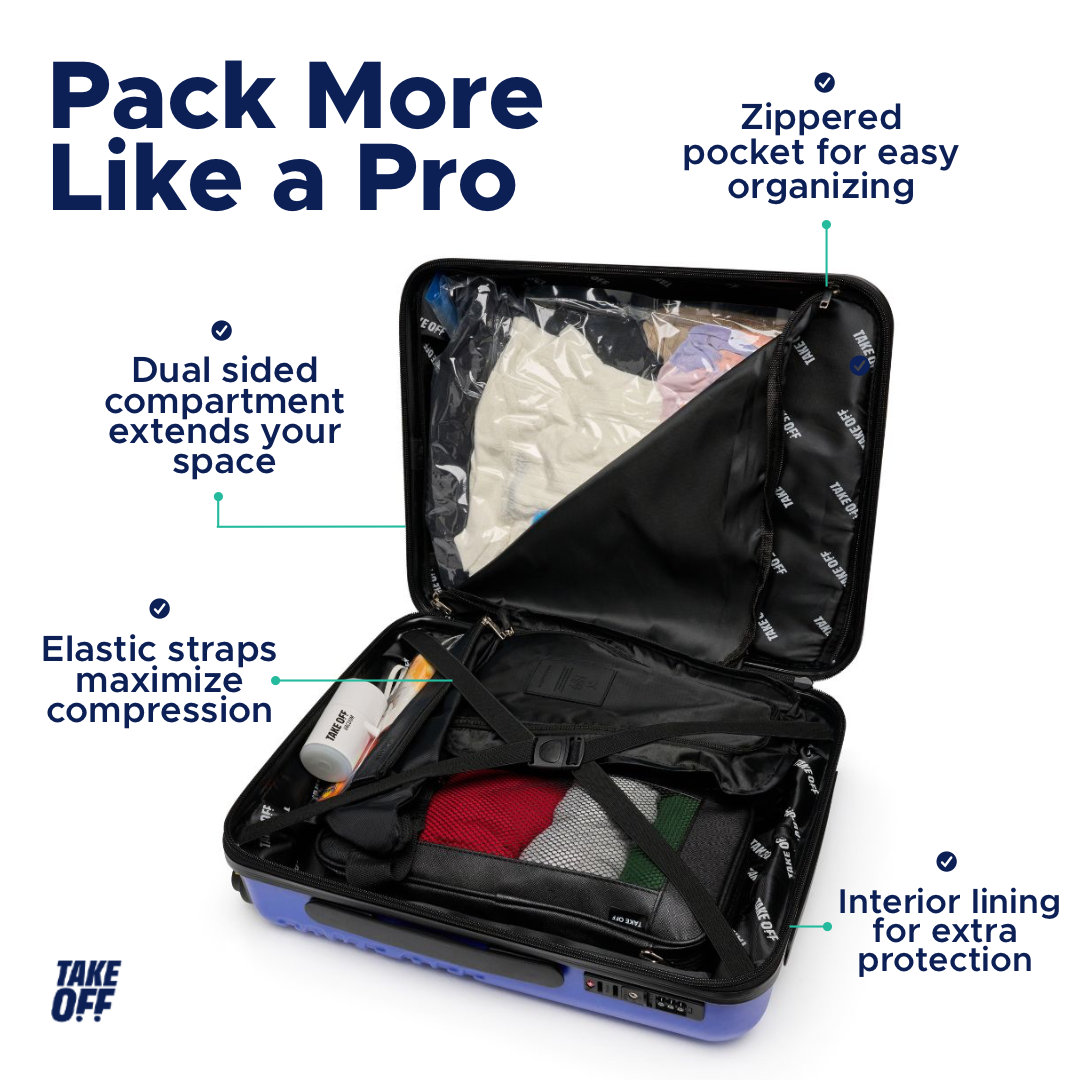 A take OFF Luggage Personal Item is opened and fully packed. Pack More Like a Pro with Take OFF Luggage Personal Item's Dual sided compartments to extend your space, elastic interior straps to maximize compression, an additional zippered pocket for easy organizing, and interior lining for extra protection. 