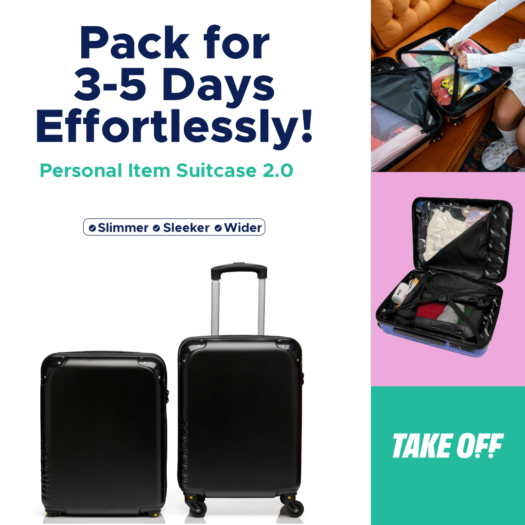 Pack for 3 to 5 days effortlessly with the Take OFF Luggage 2.0. Slimmer, Sleeker and slightly wider than the original Take OFF Personal Item.