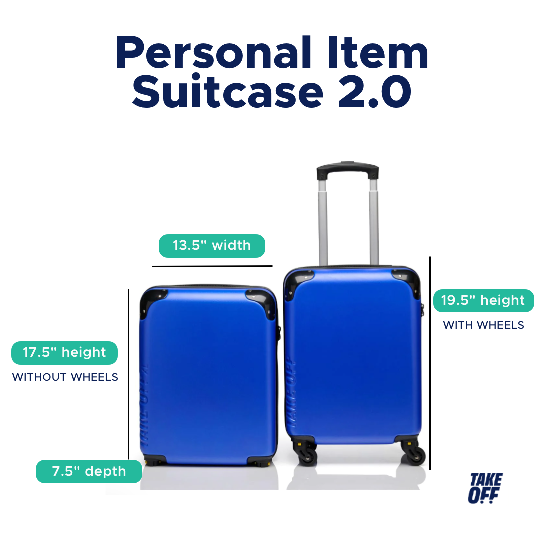 A size chart showing the Take OFF Luggage Personal Item 2.0. Without wheels 17.5 inches in height, with wheels 19.5 inches in height. 13.5 inches wide and 7.5 inches deep. 