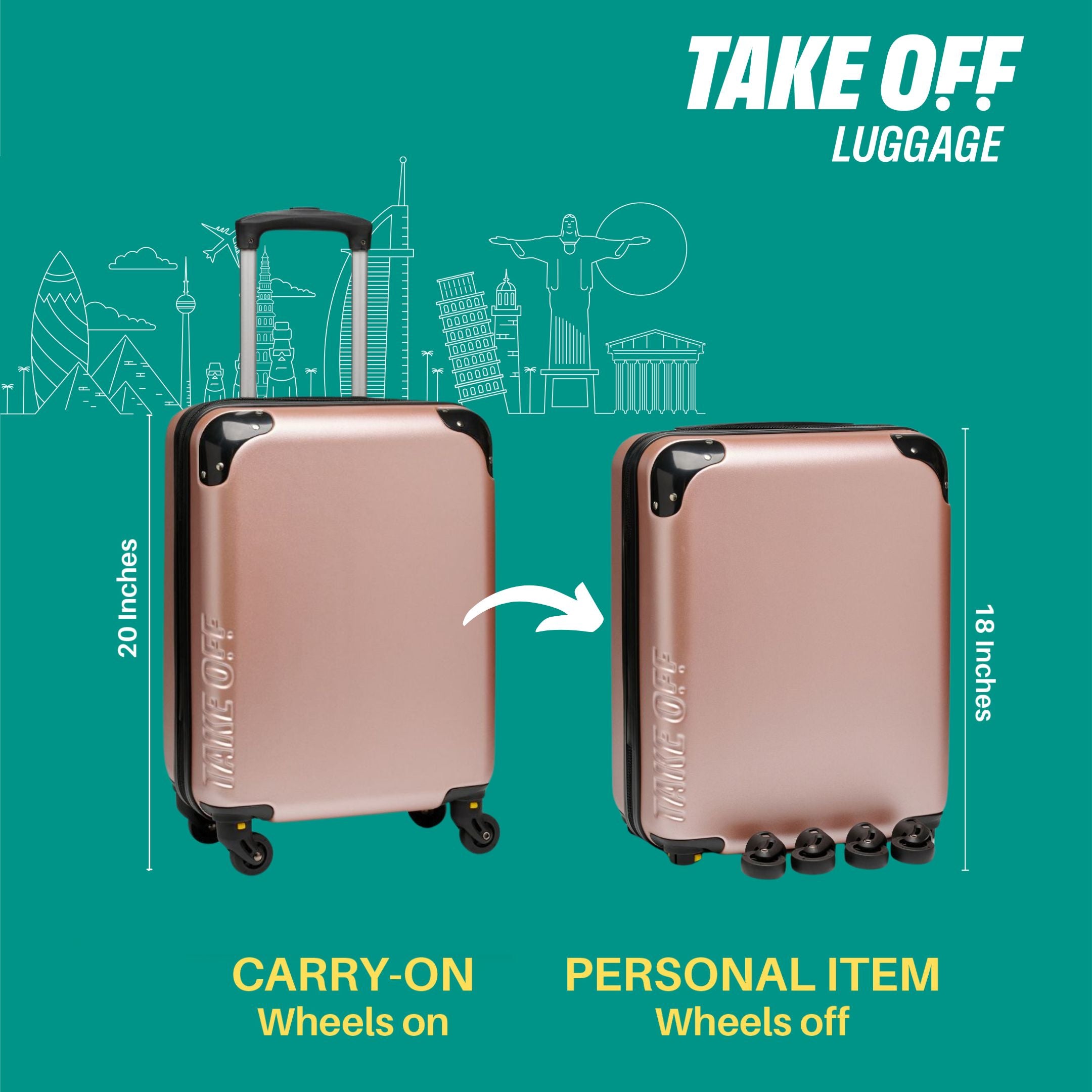 An image showing the rose gold Take OFF Luggage Personal Item 2.0 at 20 Inches with the wheels on, and 18 inches once the wheels are removed.