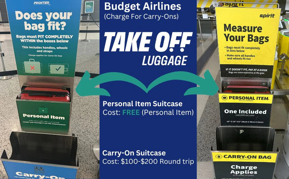 Shows Take OFF Luggage placed inside the Frontier Airlines Personal Item Sizer and the Spirit Airlines Personal Item sizer, with the caption "Carry on suitcase: Costs $100-$200 round trip. Take OFF Personal Item cost: FREE! 