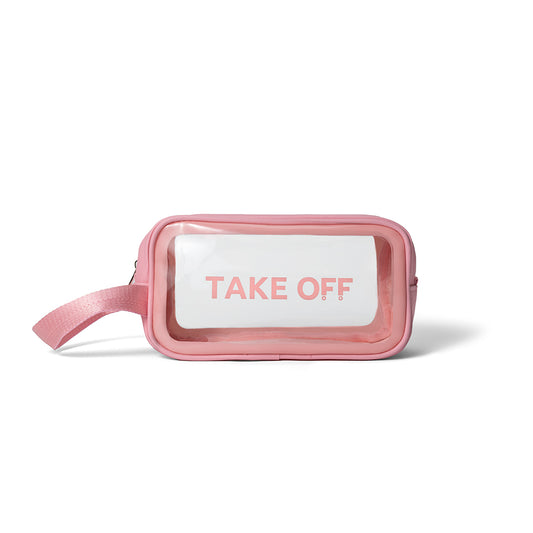 Take OFF Luggage Big Toiletry Pouch with Pink Take OFF Luggage Logo on a white background