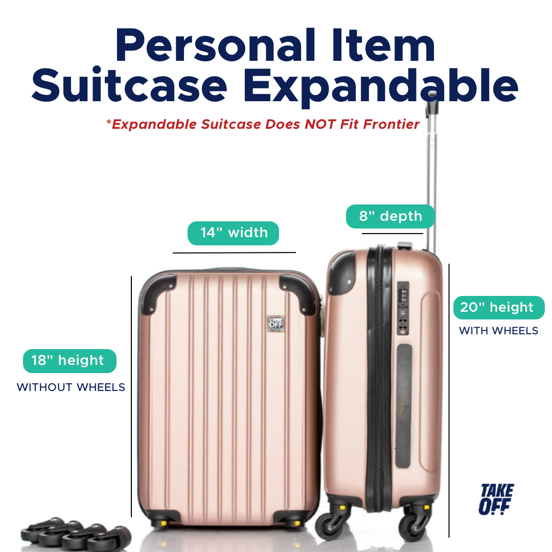 Take OFF Luggage Personal Item Suitcase Expandable suitcase measurements. Measures 18 inches in height without wheels, 20 inches in height with wheels, 14 inches wide, and 8 inches deep. Personal Item Expandable does NOT fit Frontier Airlines Personal Item Sizers, even when not expanded. 