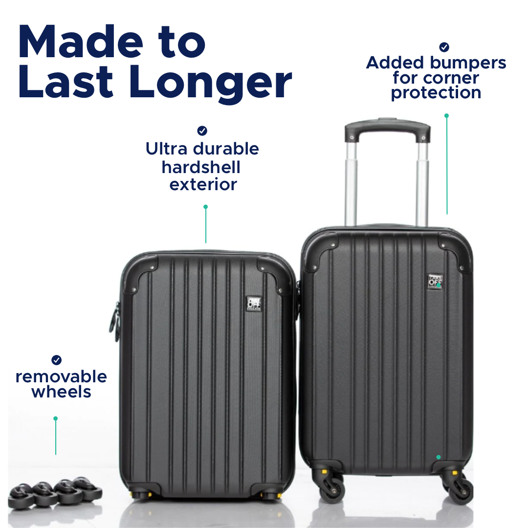 Two Take OFF Luggage expandable suitcases stand side by side. The title reads "MADE TO LAST LONGER" and the graphic highlights Take OFF Luggage Personal Item Expandable's ultra durable hardshell exterior, removable wheels, and added corner bumpers for corner protection. 
