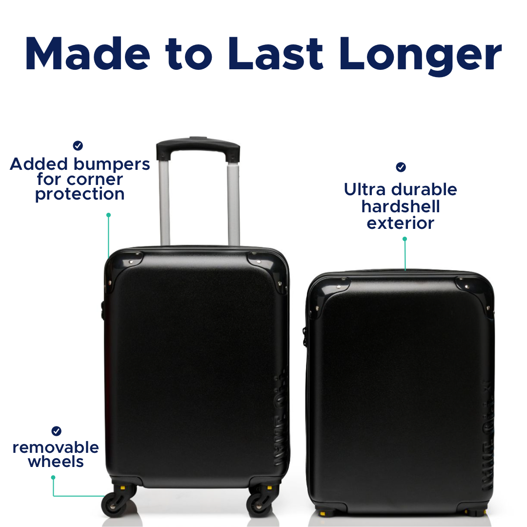 Made to last longer, the Take OFF Luggage Personal Item has an ultra durable hardshell exterior, added corner bumpers for corner protection, and removable wheels. 